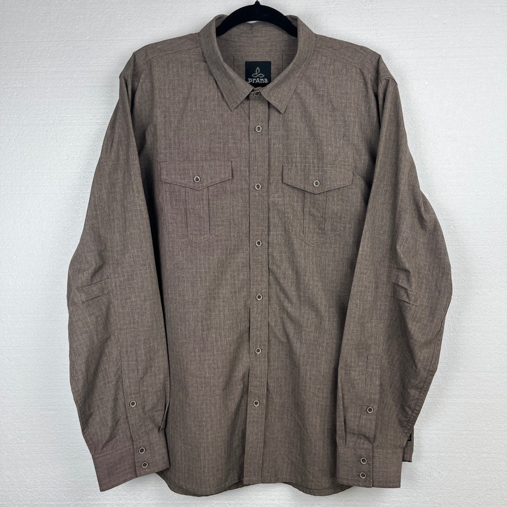 Prana Mens Long Sleeve Button‎ Up Shirt Brown XL Outdoor Casual Hiking